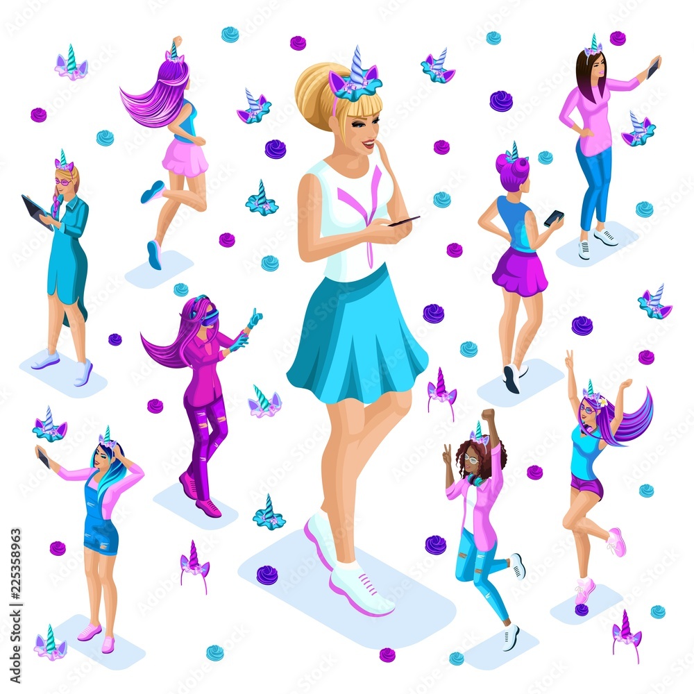 Isometry of a large girl against the background of small teenagers, a generation of Z, bright colors of clothes and hair, colorful, rainbow, unicorns, cake part8 Isometry of a large girl against the background of small teenagers, a generation of Z, bright colors of clothes and hair, colorful, rainbow, unicorns, cake part8