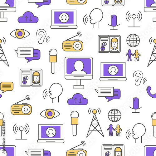 Vector thin line art mass media seamless pattern