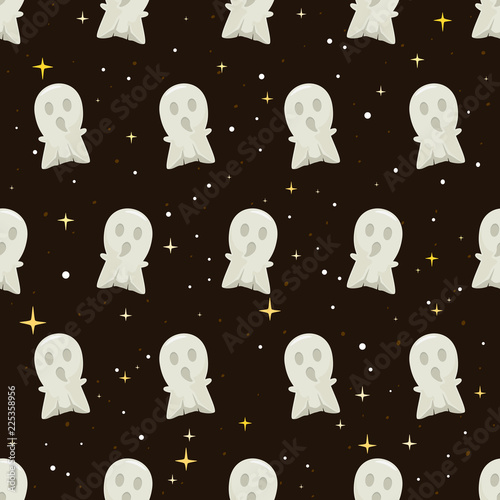 Seamless Night Background with Ghosts and Stars for Halloween