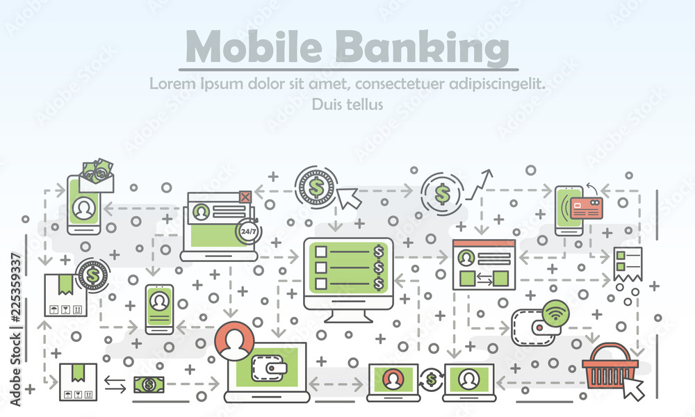 Vector thin line art mobile banking poster banner