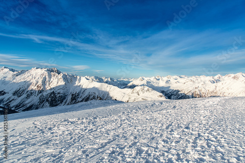 Panorama of the Alpine mountains in the evening at the ski resort of Ischgl, Austria.
