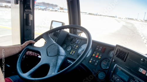 View from the cabin of passenger bus on airplane runway © Кирилл Рыжов