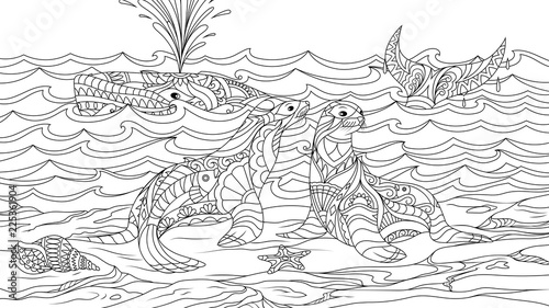 Sea lions with a whale