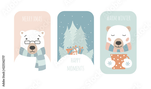 Cute polar bear. Christmas holiday greeting card, poster design