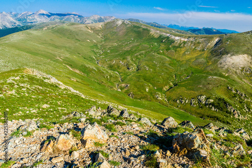 Hiking in the mountains (view from the Peak of Costabona, Catalonia, Spain) photo