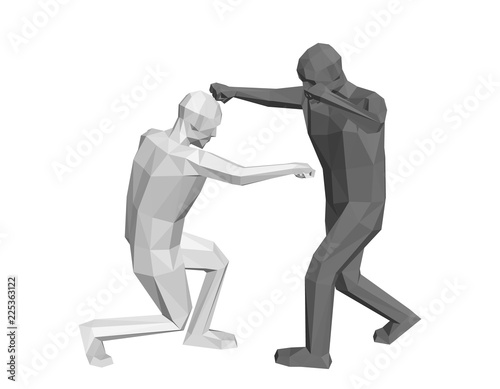 Low poly men fighting. Isolated on white background. Vector illustration.