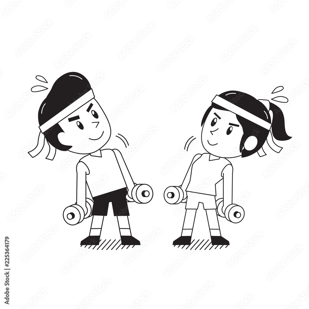 Cartoon man and woman doing dumbbells exercise for design. Cartoon man and woman doing dumbbells exercise for design.