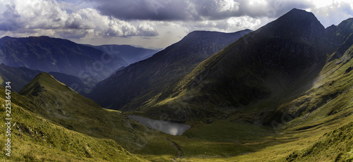 Landscape with a glacial lake in the high mountains