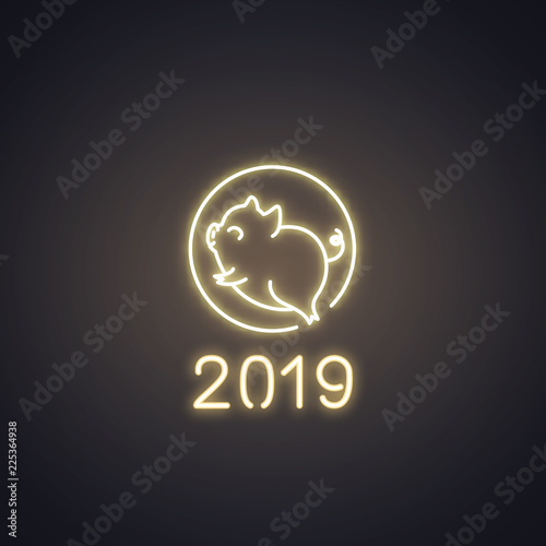 Cute pig neon logo, New year 2019 gold design, chinese horoscope symbol, vector illustration