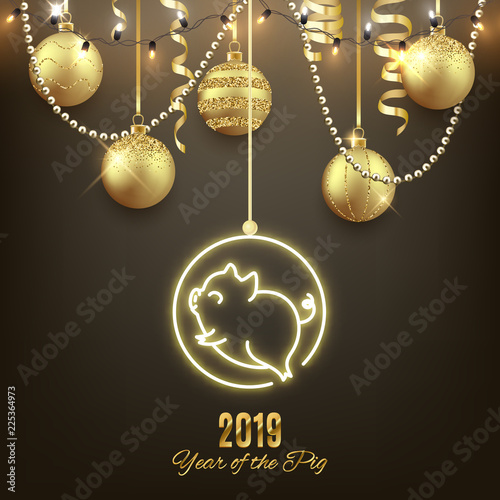 Cute pig neon logo, New year 2019 gold shiny glow design, chinese horoscope symbol, vector illustration