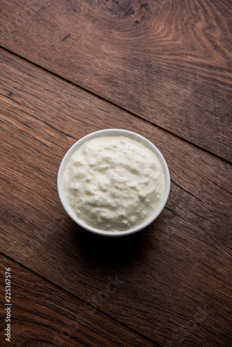 Plain curd or yogurt or Dahi in Hindi, served in a bowl over moody background. Selective focus