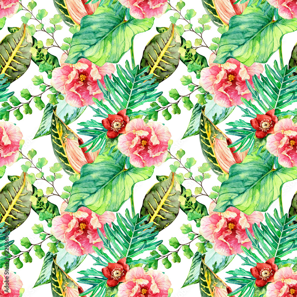 Fototapeta premium Hand drawn watercolor seamless pattern with tropical leaves 