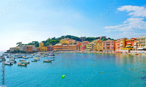 View of beautiful coastline in summer at the Bay of Silence in Sestri Levante, Italy.
