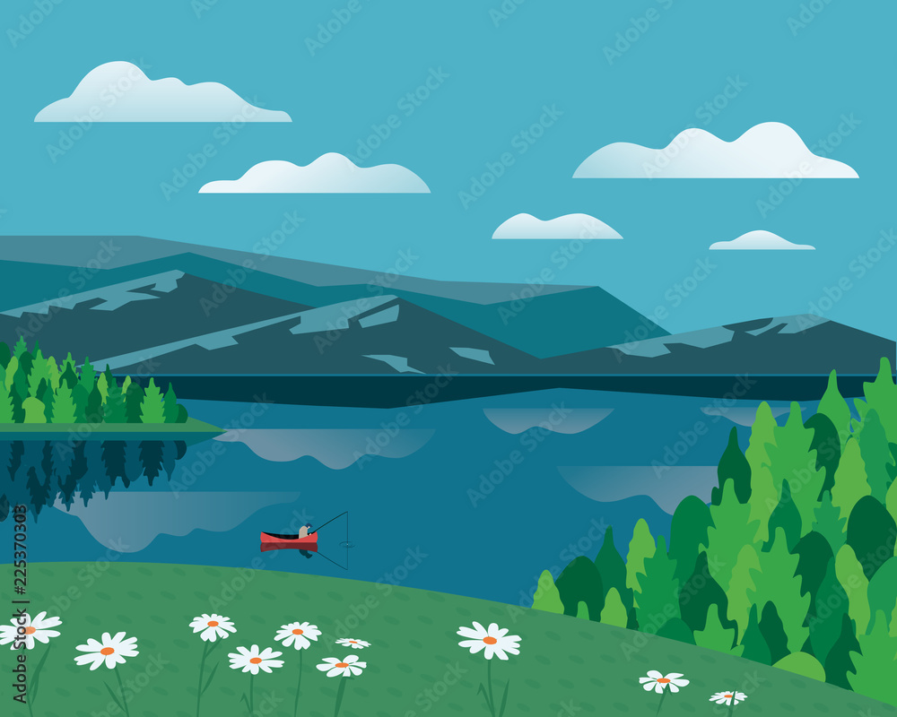 Mountain green valley landscape. Summer season lake scenic view poster. Flowers on river bank in Alps mountains. Colorful cartoon wild nature scene. Vector countryside banner background illustration