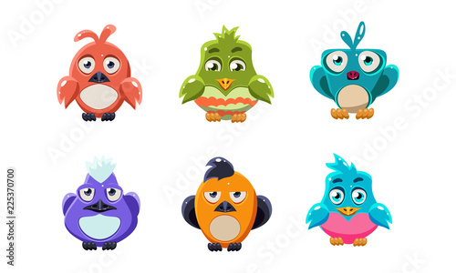 Cute colorful birds set, cartoon glossy little birdie, user interface assets for mobile apps or video games vector Illustration on a white background