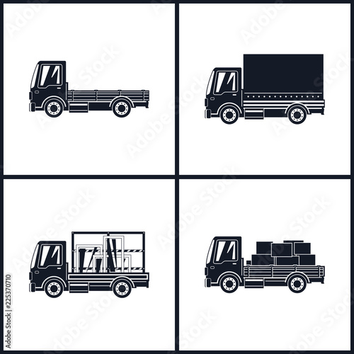 Black Silhouette Small Trucks with Different Loads Isolated, Empty and Covered Trucks, Lorries with Boxes and Windows, Delivery Services, Transport Services and Logistics, Vector Illustration