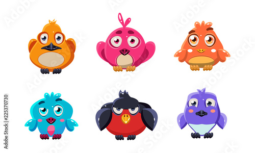 Cute little birds set, colorful cartoon glossy birdie, user interface assets for mobile apps or video games vector Illustration on a white background
