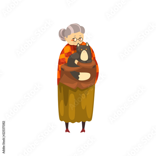 Cute granny holding her black cat on her hands, lonely old lady hugging her animal pet vector Illustration on a white background