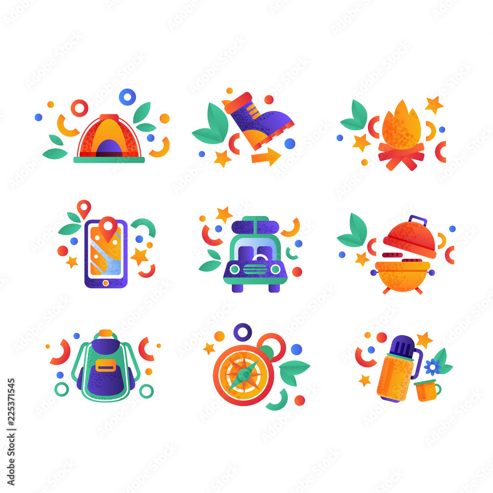 Collection of travel and camping equipment, summer travel elements vector Illustration on a white background
