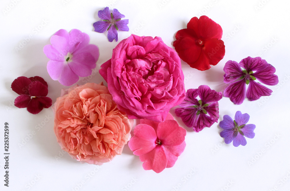Feminine floral composition. Bouquet of wild and garden flowers . Flat lay, top view. Feminine floral composition. Bouquet of wild and garden flowers . Flat lay, top view.