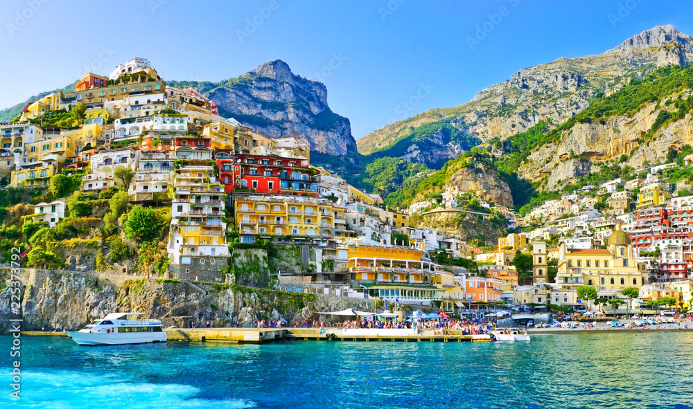 View of Positano village along Amalfi Coast in Italy in summer.