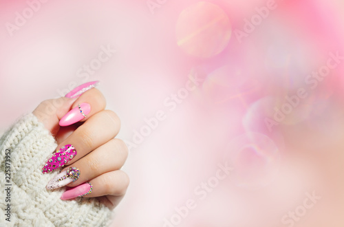 Colorful  Nail art . Manicure.  Holiday style bright Manicure with gems and sparkles. Nail Polish. Fashion with diamond shine , Trendy Accessories. Beauty hands. Stylish Nails, Nailpolish. photo