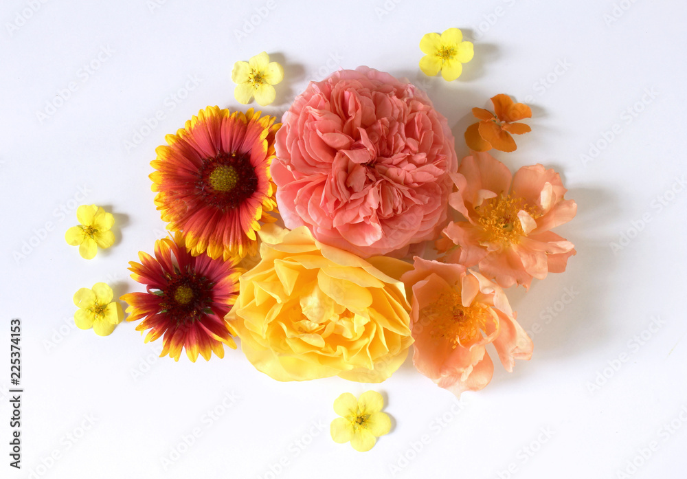 Feminine floral composition. Bouquet of wild and garden flowers . Flat lay, top view.