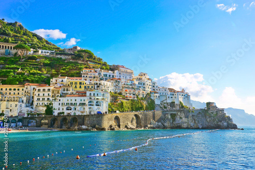 Fototapeta Naklejka Na Ścianę i Meble -  View of Amalfi village along Amalfi Coast in Italy in summer.