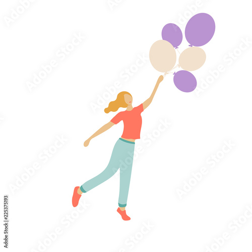 Vector illustration. Woman character standing  in a modern flat style with balloons © Olha
