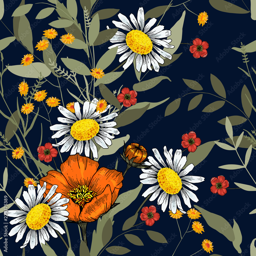 Blooming realistic isolated jungle plants, palm. Hand drawn bright illustration. Tropical vector seamless flower and leaves pattern. Exotic background. Wallpaper.