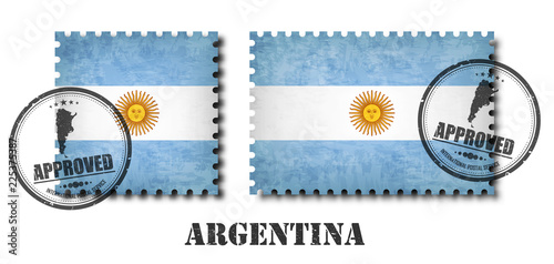 Argentina or argentinian flag pattern postage stamp with grunge old scratch texture and seal on isolated background . Black color country name with abrasion . Square and rectangle shape . Vector