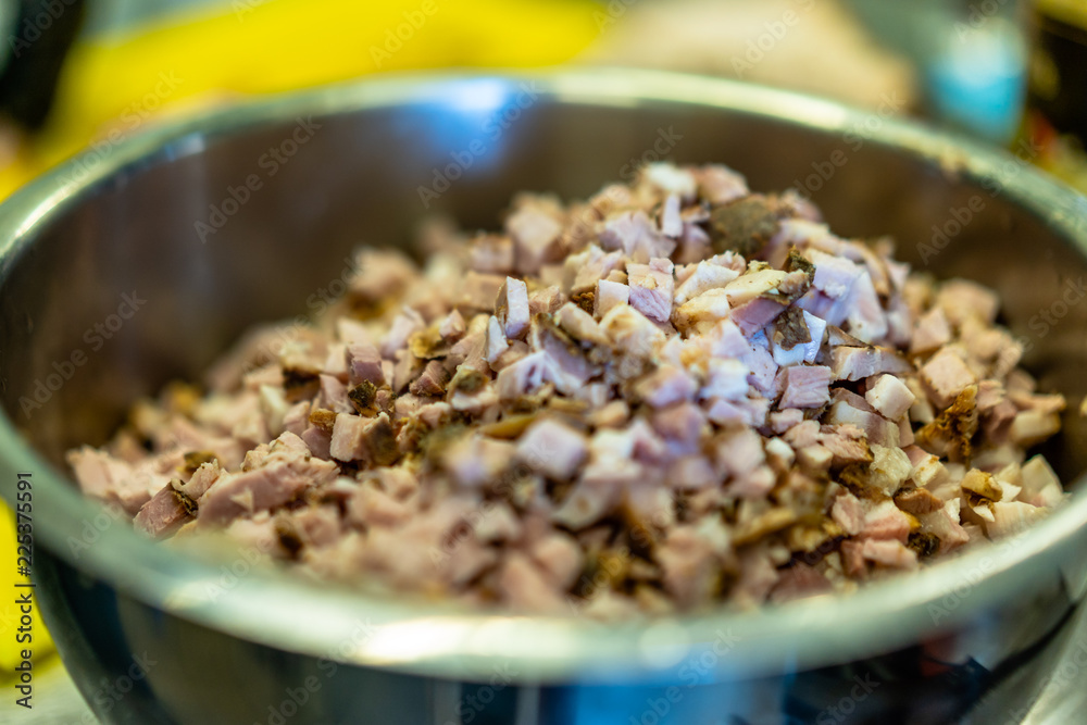 Stainless Steel Bowl with Chopped Ham