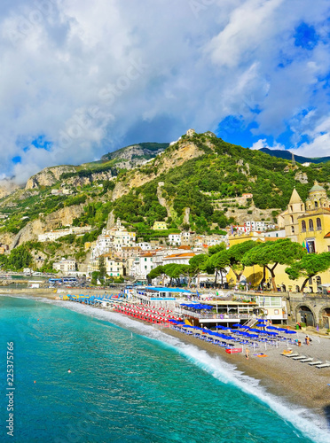 View of Amalfi village along Amalfi Coast in Italy in summer.