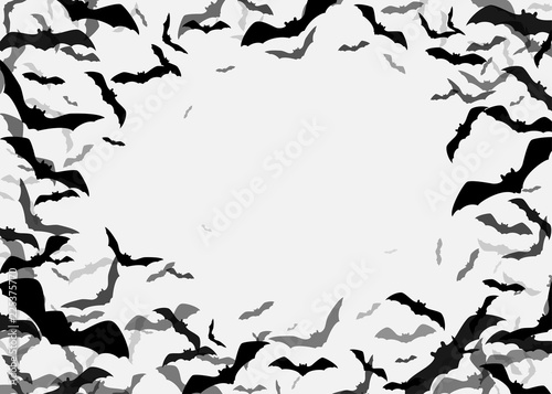 Halloween flying bats border background. Creepy silhouette flittermouse group isolated on white. Copy space in the middle. Vector illustration.