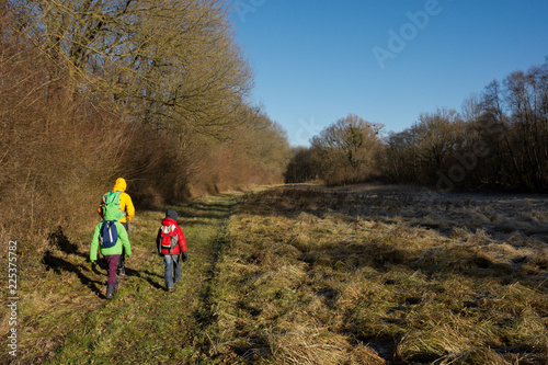 Family hiking along a meadow and a floodplain forest in national park Donau-Auen, the last remaining major wetlands environment in Central Europe.