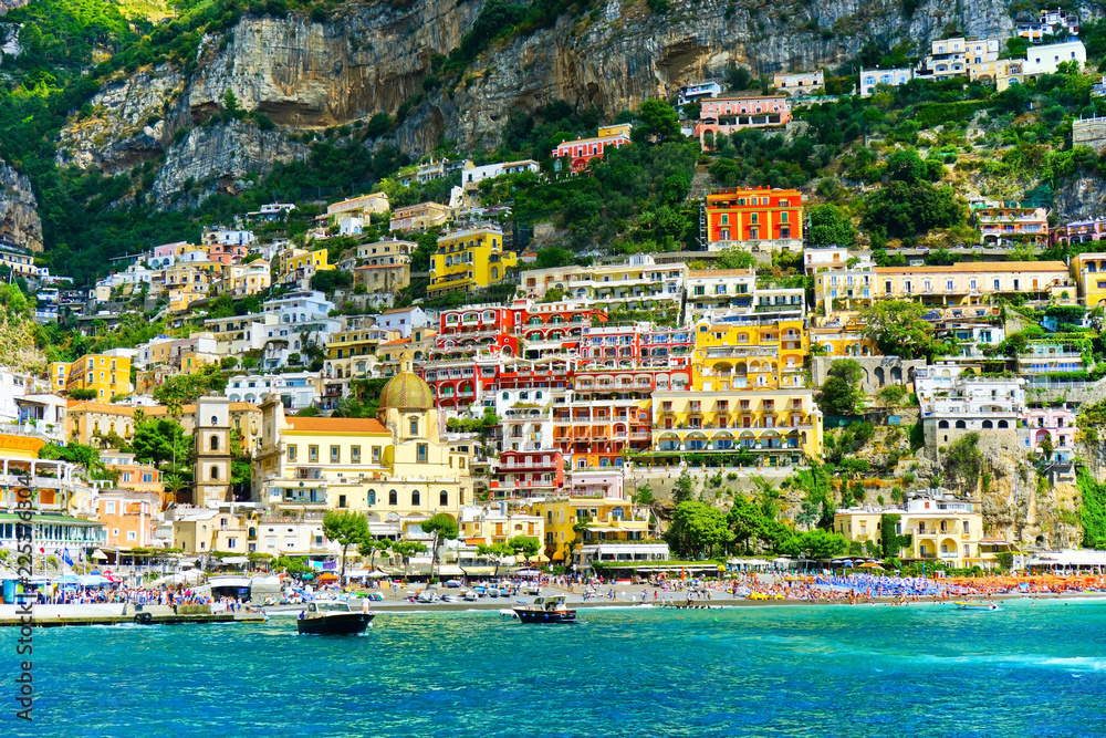 View of Positano along Amalfi Coast in Italy in summer.