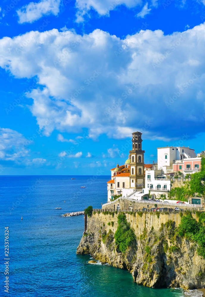 View of Atrani village along Amalfi Coast in Italy in summer.