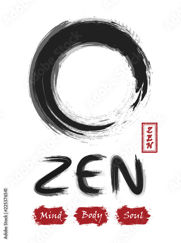 Enso zen circle . Sumi e design . Black and gray overlap color . Red stamp with calligraphic zen alphabet . White isolated background . Vector illustration