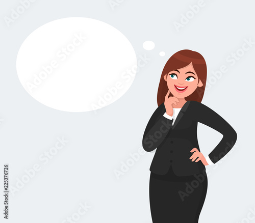 Thinking business woman looking up on empty or blank thought bubble while touching finger on face and smiling isolated.