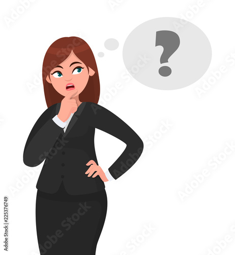 Thoughtful business woman is thinking, in the thought bubble question mark appearing. She is looking sideways and touching her face with a finger. Business woman concept illustration in vector.