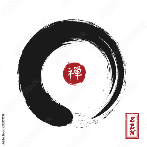 Enso zen circle style . Sumi e design . Black color . Red circular stamp and kanji calligraphy ( Chinese . Japanese ) alphabet translation meaning zen . White isolated background . Vector illustration