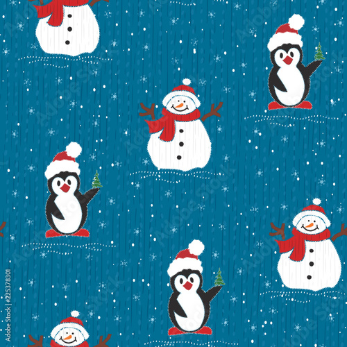 Vector seamless Christmas background with cute snowmen and penguins