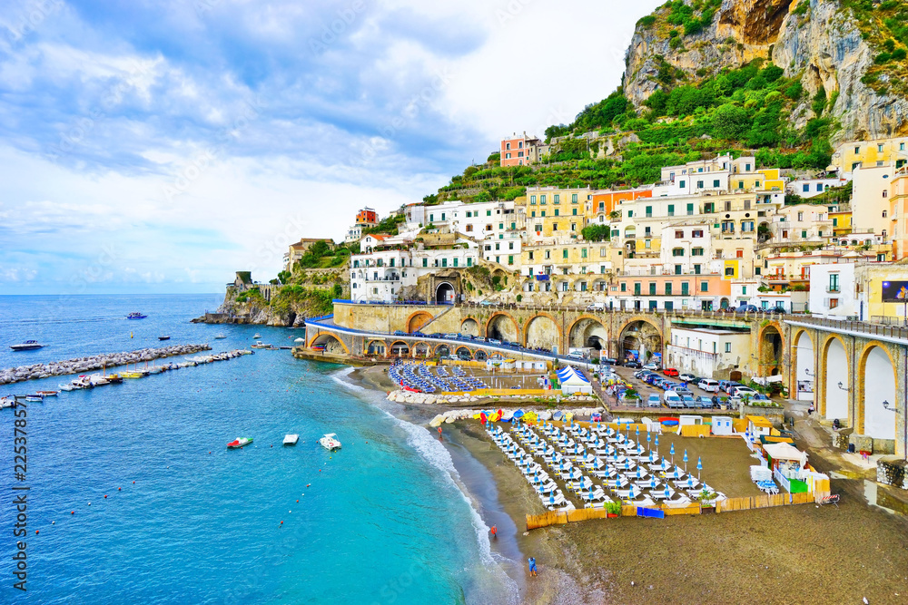 View of Atrani village along Amalfi Coast in Italy on a cloudy day in summer.