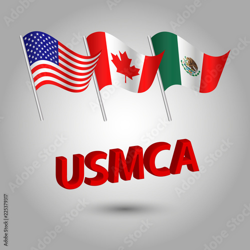vector set of three waving american, canadian and mexican flags on silver pole - icon of states - the united states of America Mexico Canada Agreement with 3d red text title USMCA