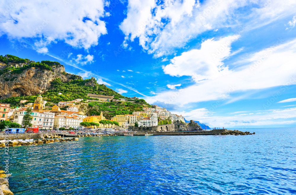View of Amalfi along Amalfi Coast in Italy in summer.
