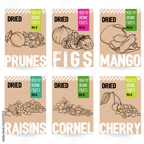 Beautiful vector hand drawn organic fruit card set. Plum, fig, mango, grapes, cherry, dogwood. Template elements collection for packaging design. Modern illustrations isolated on white background.