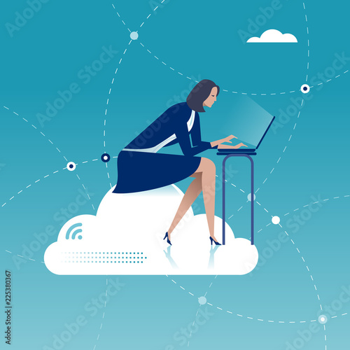 Cloud Networking. Businesswoman sits on a cloud with laptop. Concept vector illustration.