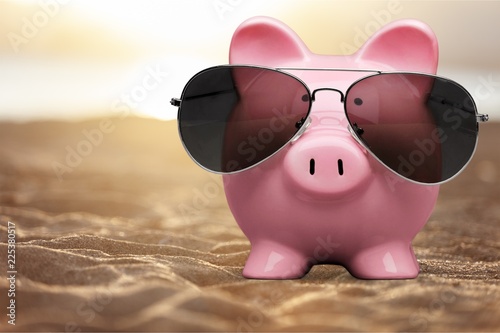 Pink piggy bank in sunglasses on leather © BillionPhotos.com