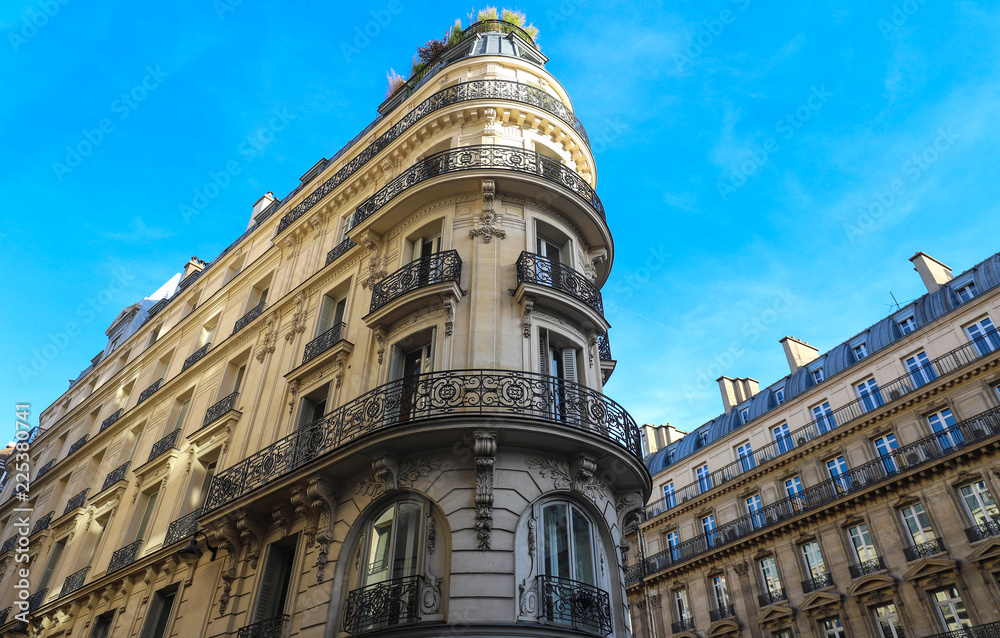 The traditional facades of Parisian buildings, France.