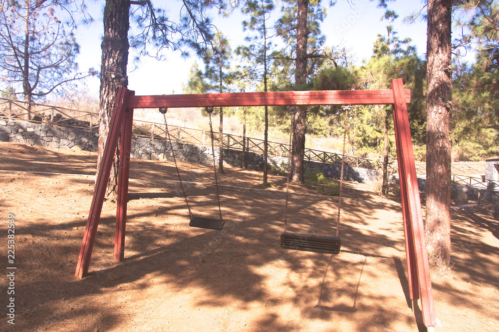 A two-seater swing in a public park in the pine forest A two-seater swing in a public park in the pine forest